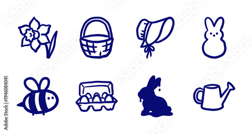 Hand-drawn spring and Easter celebration elements for organic brand identity. Rustic, naive marker sketch illustrations featuring seasonal garden concepts.