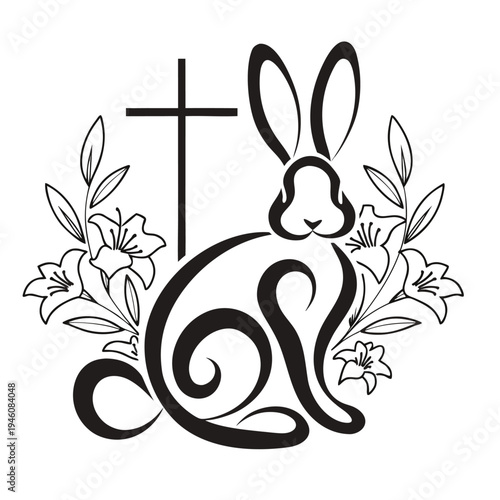 Easter Bunny Silhouette with Christian Cross and Lily Flowers Line Art.