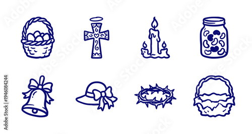 Hand-drawn Easter and religious celebration elements in a rustic naive doodle style. Clumsy blue marker sketch illustrations for holiday branding and seasonal decor.
