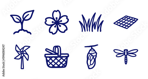 Hand-drawn spring nature and garden elements for organic branding. Rustic naive marker sketch illustrations featuring seasonal growth and outdoor life concepts.