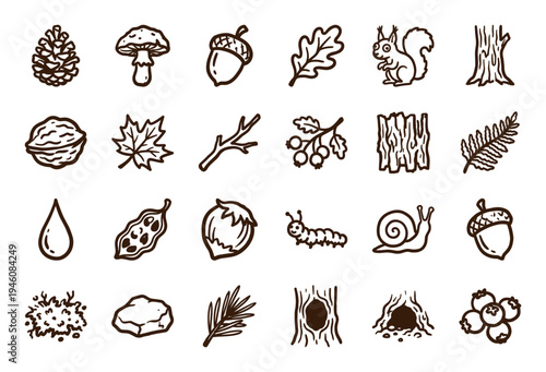 Hand-drawn forest elements and woodland wildlife for rustic brand identity. Naive marker sketch illustrations featuring autumn nature concepts.