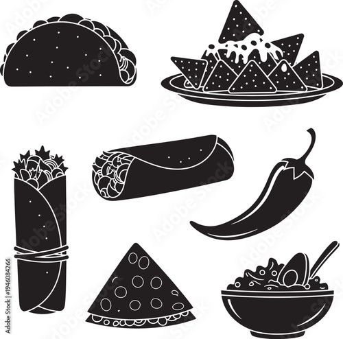 Black and white mexican food taco burrito nachos chili pepper quesadilla