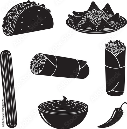Black and white mexican food tacos burritos nachos cactus chili pepper
