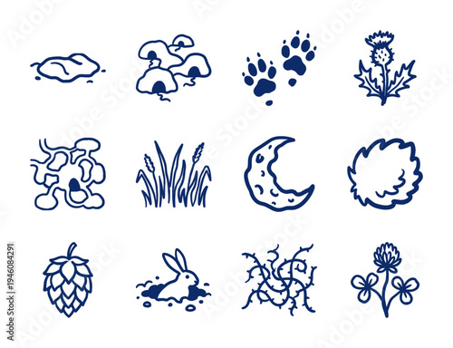 Hand-drawn woodland nature and wildlife elements for organic branding. Rustic, naive marker sketch illustrations featuring rabbit, tracks, and flora.