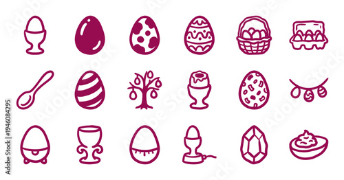 Hand-drawn Easter and egg breakfast elements for rustic holiday branding. Naive purple marker doodle illustrations featuring spring morning concepts.