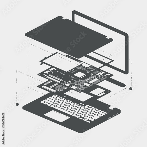 Disassembled laptop computer internal components.