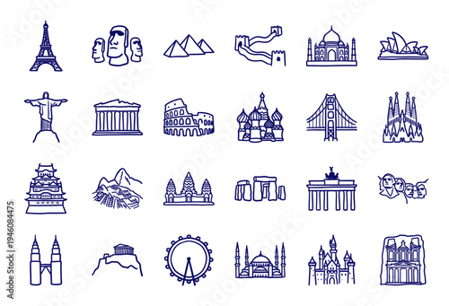 Hand-drawn global landmarks and world heritage sites in a crude marker sketch style for travel branding and educational tourism materials.