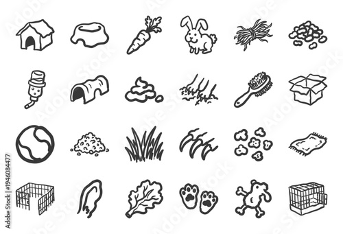 Hand-drawn rabbit care and pet supply elements for organic veterinary branding. Naive marker sketch illustrations featuring bunny welfare and habitat concepts.