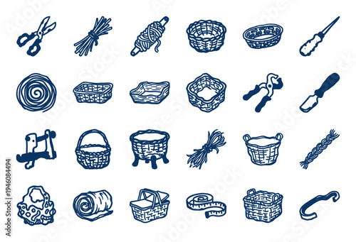 Hand-drawn wicker basketry and weaving craft elements with rustic reed bundles. Naive marker sketch illustrations of handmade artisan containers.