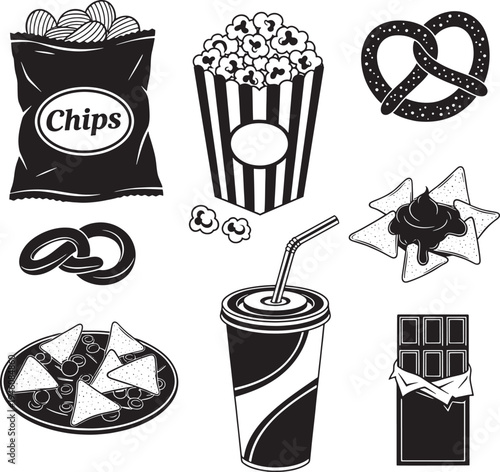 Black and white of various cinema snacks chips popcorn pretzel