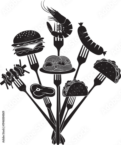 Black and white of various foods on forks utensil burger taco