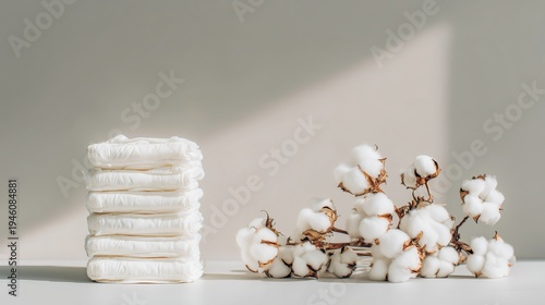 Stack of eco-friendly diapers and fresh cotton on minimal background  
