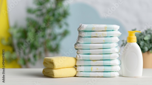 Stacked premium diapers and baby lotion on light wooden table  