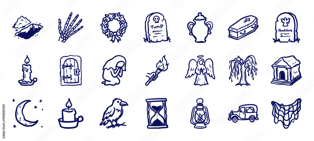 Obraz premium Hand-drawn macabre and funeral elements for memento mori branding. Rustic, naive marker sketch illustrations featuring cemetery and mourning concepts.