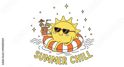 Vector illustration of smiling sun wearing sunglasses on inflatable tube, summer