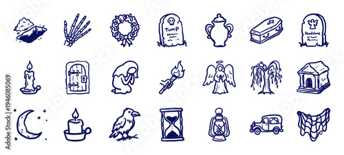 Hand-drawn macabre and funeral elements for memento mori branding. Rustic, naive marker sketch illustrations featuring cemetery and mourning concepts.