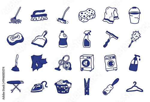 Hand-drawn cleaning and laundry chore elements for organic brand identity. Rustic, naive marker sketch illustrations featuring household maintenance.