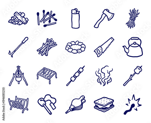Hand-drawn campfire and outdoor survival elements for rustic branding. Naive marker sketch illustrations featuring wood fire and camping gear.