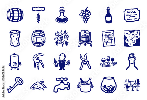 Hand-drawn winery and viticulture elements for rustic brand identity. Naive marker sketch illustrations featuring organic wine making and vineyard concepts.