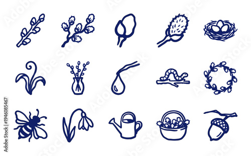 Hand-drawn spring nature and botanical elements for organic branding. Rustic, naive marker sketch illustrations featuring willow buds, pussywillow, and garden life.