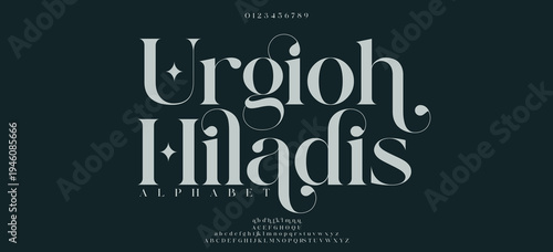 Urgioh Hiladis Luxury wedding alphabet letters font with tails. Typography elegant classic serif fonts and number decorative vintage retro concept for logo branding. vector illustration