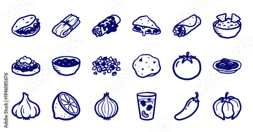 Mexican cuisine ingredients and traditional dishes for restaurant branding. Rustic hand-drawn naive marker sketch illustrations of tacos and salsas.