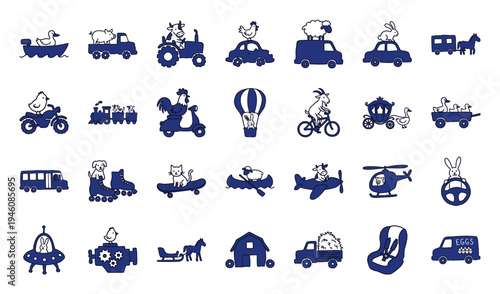 Whimsical hand-drawn farm animals in transport vehicles for children's branding. Blue naive doodle illustrations of livestock driving cars and planes.
