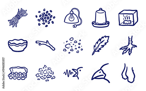 Hand-drawn poultry farming and chicken coop elements for rustic brand identity. Naive marker sketch illustrations featuring backyard bird care concepts.