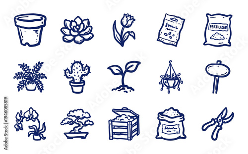 Hand-drawn gardening and botany elements for rustic brand identity. Naive marker sketch illustrations featuring plants, seeds, and floral tools.