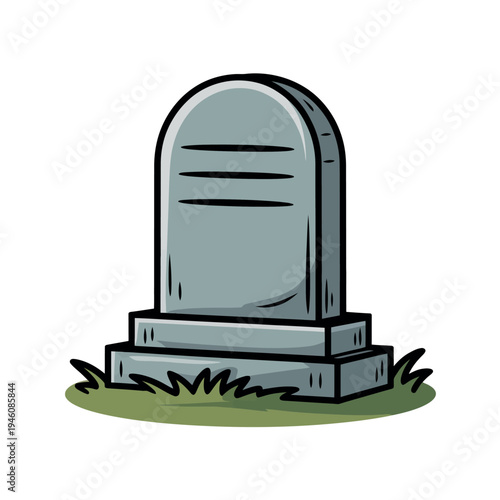 A cartoon illustration of a simple green tombstone on a grassy patch