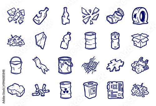 Hand-drawn waste and environmental pollution elements for ecological awareness. Rustic naive marker sketch illustrations featuring trash and debris.