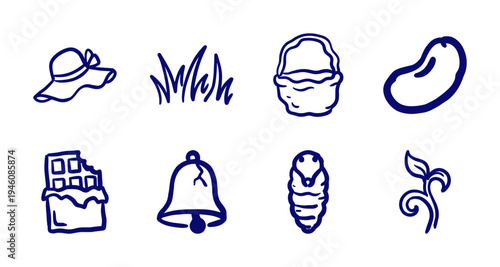 Hand-drawn rustic nature and lifestyle elements for organic brand identity. Naive marker sketch illustrations featuring garden and snack concepts.