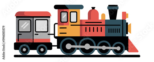 A colorful cartoon train with a locomotive and passenger car on a track