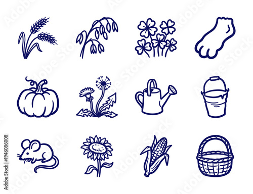 Rustic hand-drawn farm and harvest elements for organic branding. Naive marker sketch illustrations featuring autumn crops and gardening tools.