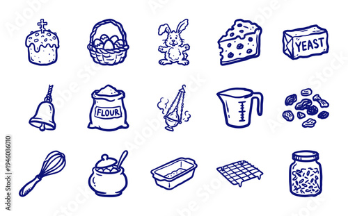 Easter baking and religious celebration elements in a rustic hand-drawn doodle style. Naive marker sketch illustrations for festive holiday branding.