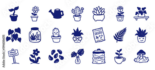 Hand-drawn botanical and gardening elements for organic brand identity. Rustic, naive marker sketch illustrations featuring plants and flowers.