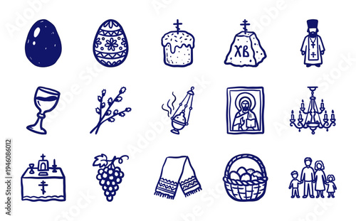 Hand-drawn Orthodox Easter elements in a naive doodle style featuring traditional cakes, painted eggs, church symbols, and family figures.