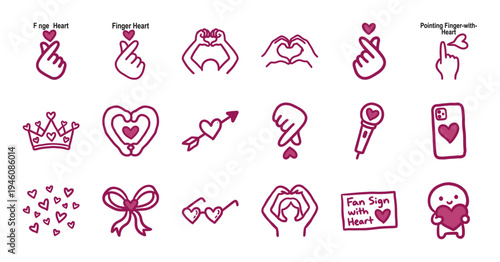 Hand-drawn K-pop fan culture heart signs and concert elements. Naive pink marker doodle illustrations for social media and romantic stationery.