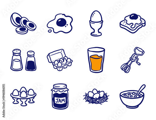 Hand-drawn breakfast and egg cooking elements for rustic kitchen branding. Naive marker sketch illustrations featuring morning meal concepts.