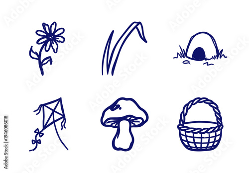 Rustic hand-drawn garden and outdoor life elements with naive marker sketch aesthetic. Clumsy organic shapes featuring flora, basket, mushroom, and kite.