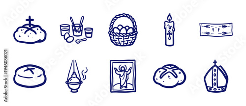 Orthodox Christian Easter tradition elements in a naive doodle style. Rustic hand-drawn marker sketch illustrations featuring pascha bread, eggs, and church symbols.
