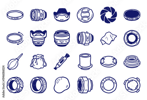 Photography equipment and camera accessories for creative studio branding. Blue ink hand-drawn doodle illustrations in a naive marker sketch style.