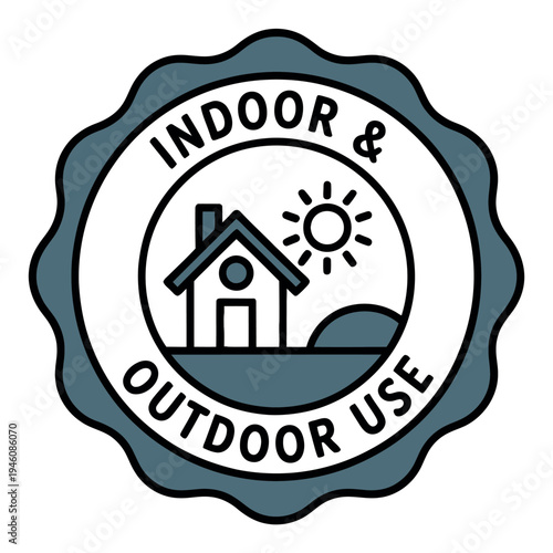 A logo indicating a product can be used both indoors and outdoors with a house and sun design