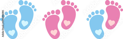Baby footsteps vector illustration set - pairs of pink and blue footprints in flat style. File in EPS format.
