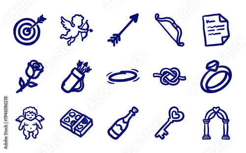 Hand-drawn Valentine and romance doodle elements for organic brand identity. Rustic, naive marker sketch illustrations featuring love and cupid concepts.