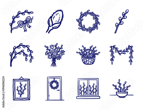 Pussy willow branches and spring floral arrangements in a naive doodle style. Rustic hand-drawn Easter decor elements with a clumsy marker sketch aesthetic.