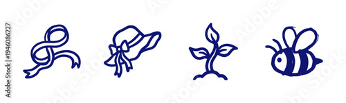 Hand-drawn garden and spring nature elements for organic brand identity. Rustic, naive marker sketch illustrations featuring hat, bee, and sprout.