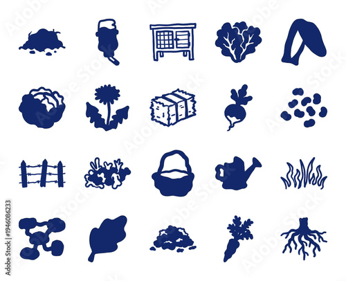 Hand-drawn rabbit care and organic gardening elements in a naive doodle style. Rustic marker sketch illustrations of hutch, hay, vegetables, and farming tools.