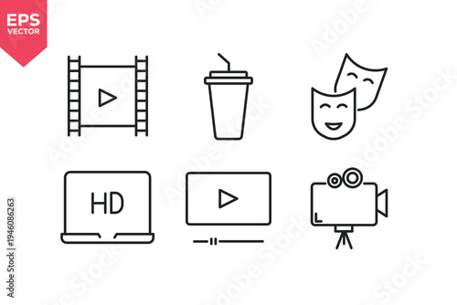 Set of line icons related to theater mask, drink, film strip, movie camera, high definition video. Editable stroke. Vector illustration