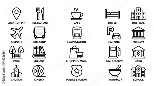 A comprehensive collection of outline vector icons representing common points of interest and essential services found within a modern city